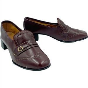 Vintage Heels Pumps Brown Burgundy Women's 8.5W Oxford Leather Buckle Secretary